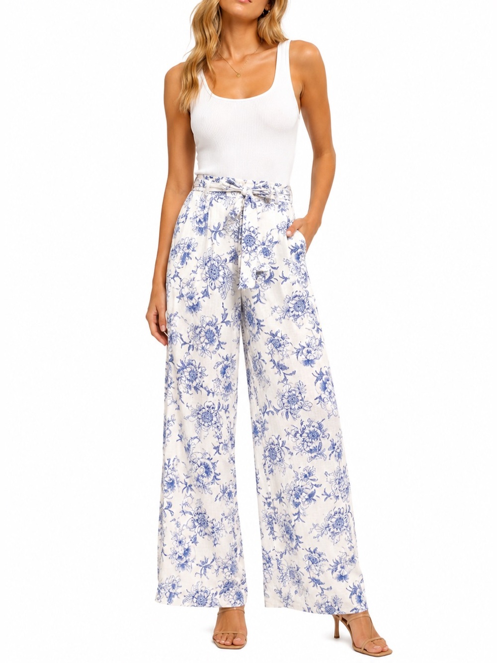 Jason Wu Size 10 Linen Wide-Leg Floral Print Tie-Waist Pants - Blue/White